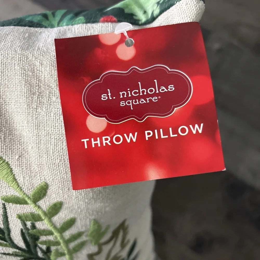 Red Cardinal Bird Holly Berry Wreath Christmas Embroidered Throw Pillow 18x18